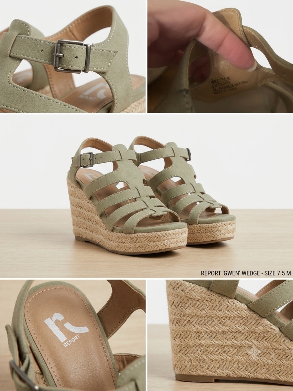 Report Gwen Sage Green Strappy Platform Espadrille Wedges Sandals Size 7.5 M